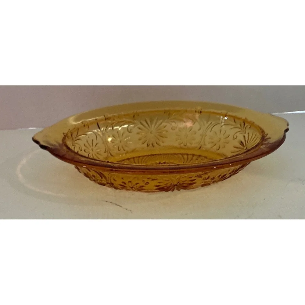 Tiara Vintage Amber  Glass Oval Serving Bowl Floral Pattern Sunburst Gold